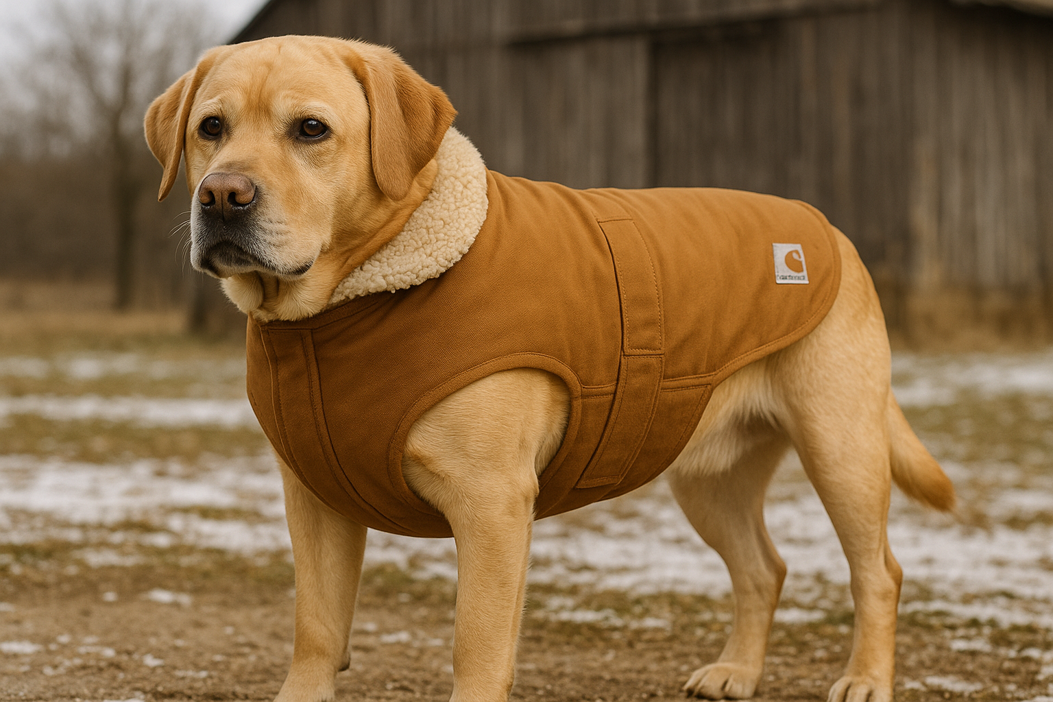 Carhartt Chore Insulated Dog Coat in Carhartt Brown with sherpa-trimmed neckline on a yellow Labrador