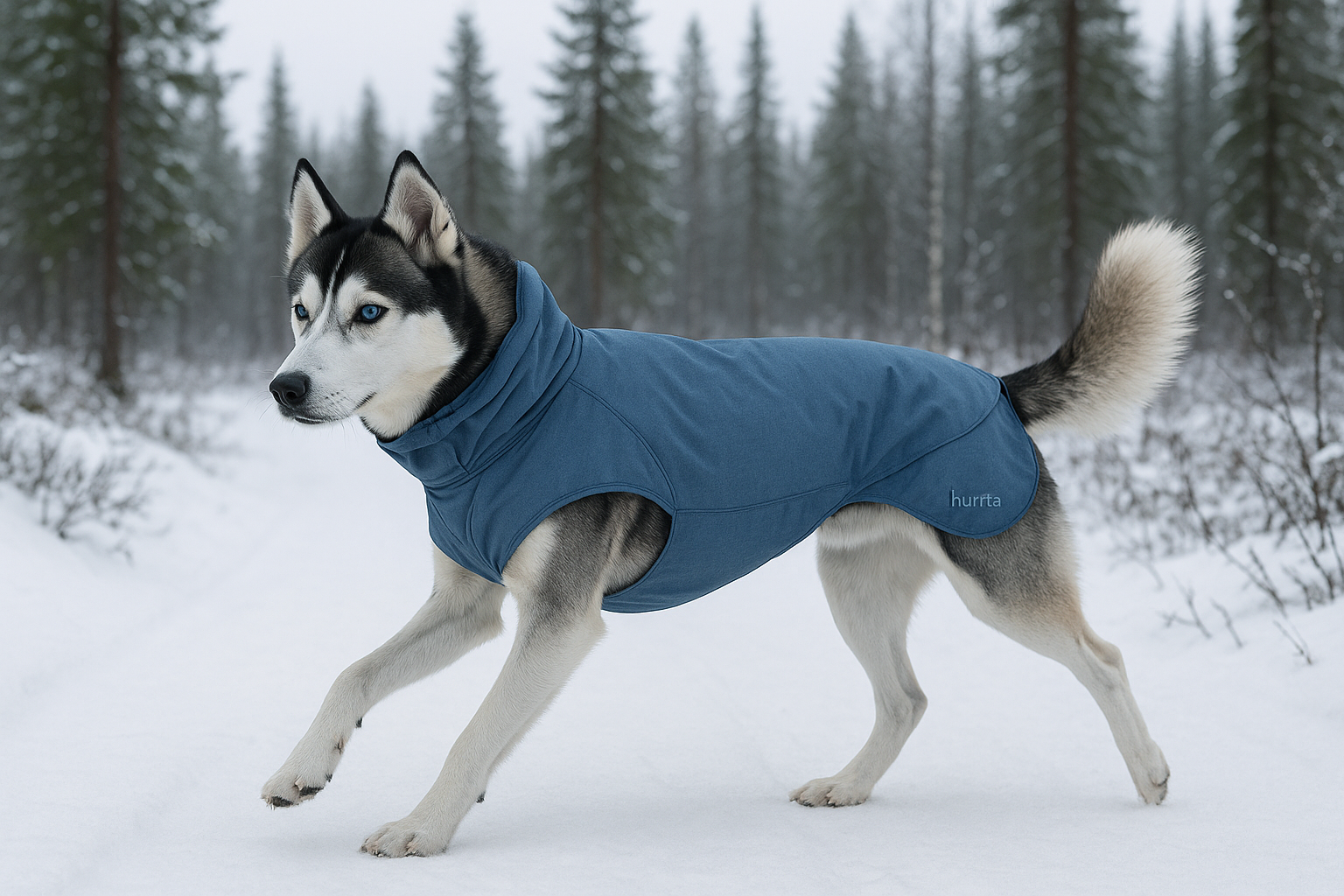 Hurtta Expedition Insulated Parka in Bilberry blue with adjustable collar on a Siberian Husky