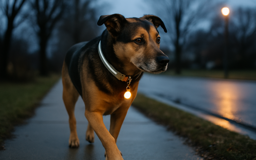 Reflective dog collar with a clip-on safety light on a dog walking at dusk